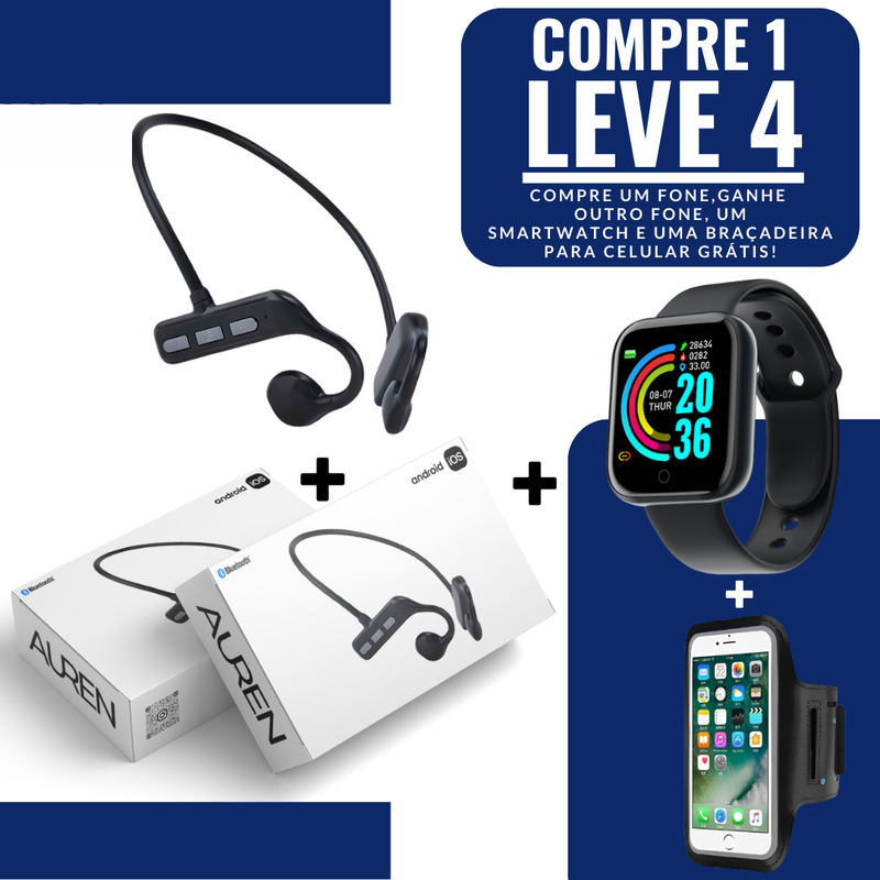 Fone Sem Fio de Condução Óssea - Auren Pulse - Compre 1, leve 4 [Compre um fone, ganhe o outro fone, um Smartwatch e uma Braçadeira Para Celular]